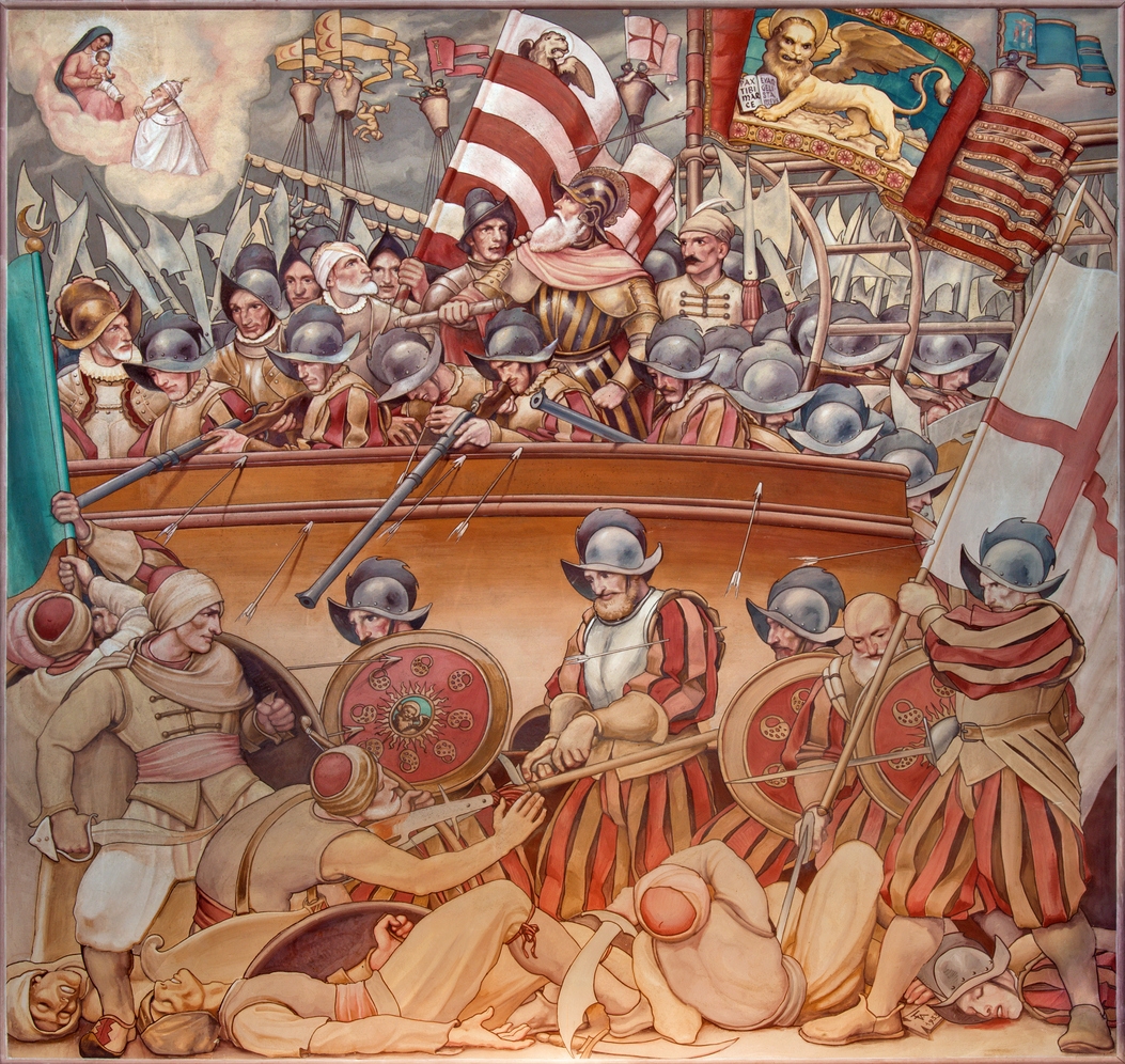 painting of Battle of Lepanto in year 1571 in church Basilica del Carmine