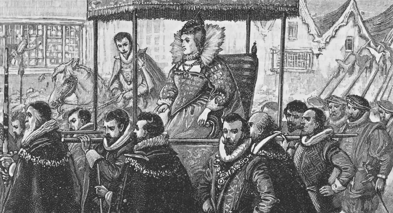 sketch of Queen Elizabeth I surrounded by courtiers