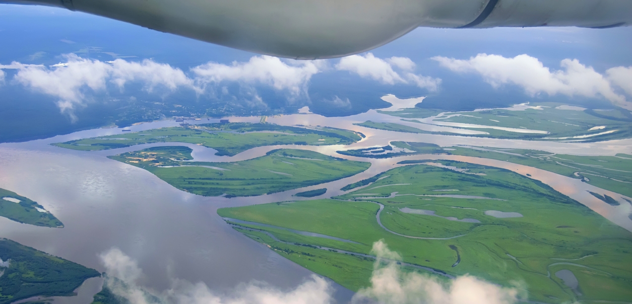view of Amur River and its channels from an airplane