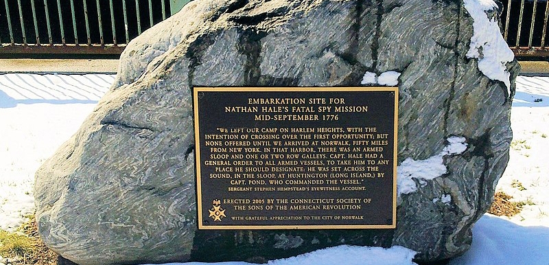 Marker in Freese Park, Norwalk, Connecticut that is denoted as the embarkation point for Hale's fatal mission
