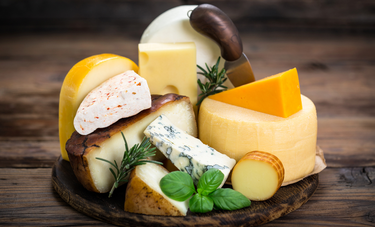 Various kinds of cheese on the table
