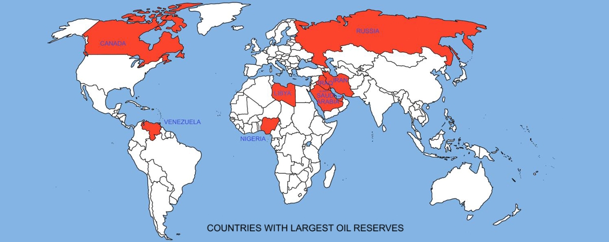 a map with red colors in the countries with the largest oil reserves