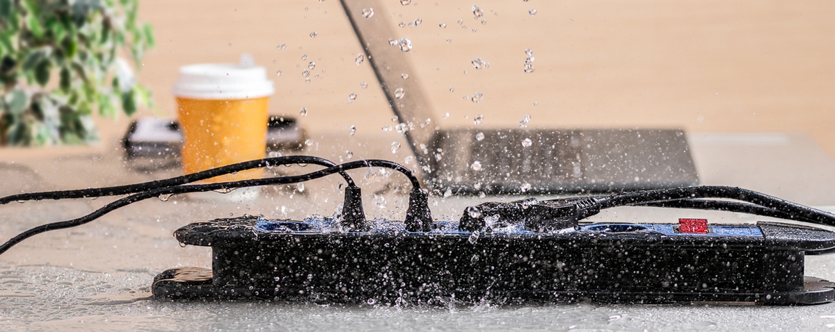 Water falling on a black extension cord