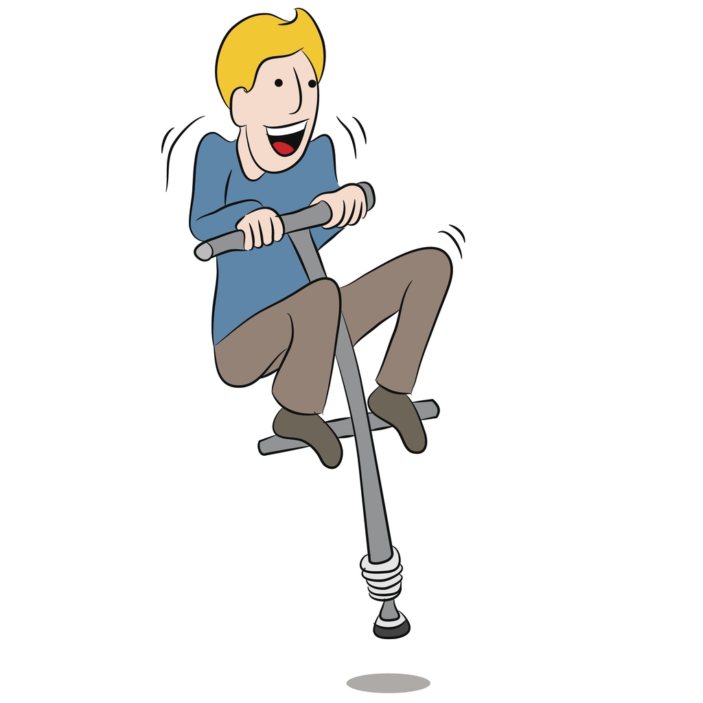 cartoon illustration of a man playing with a pogo stick