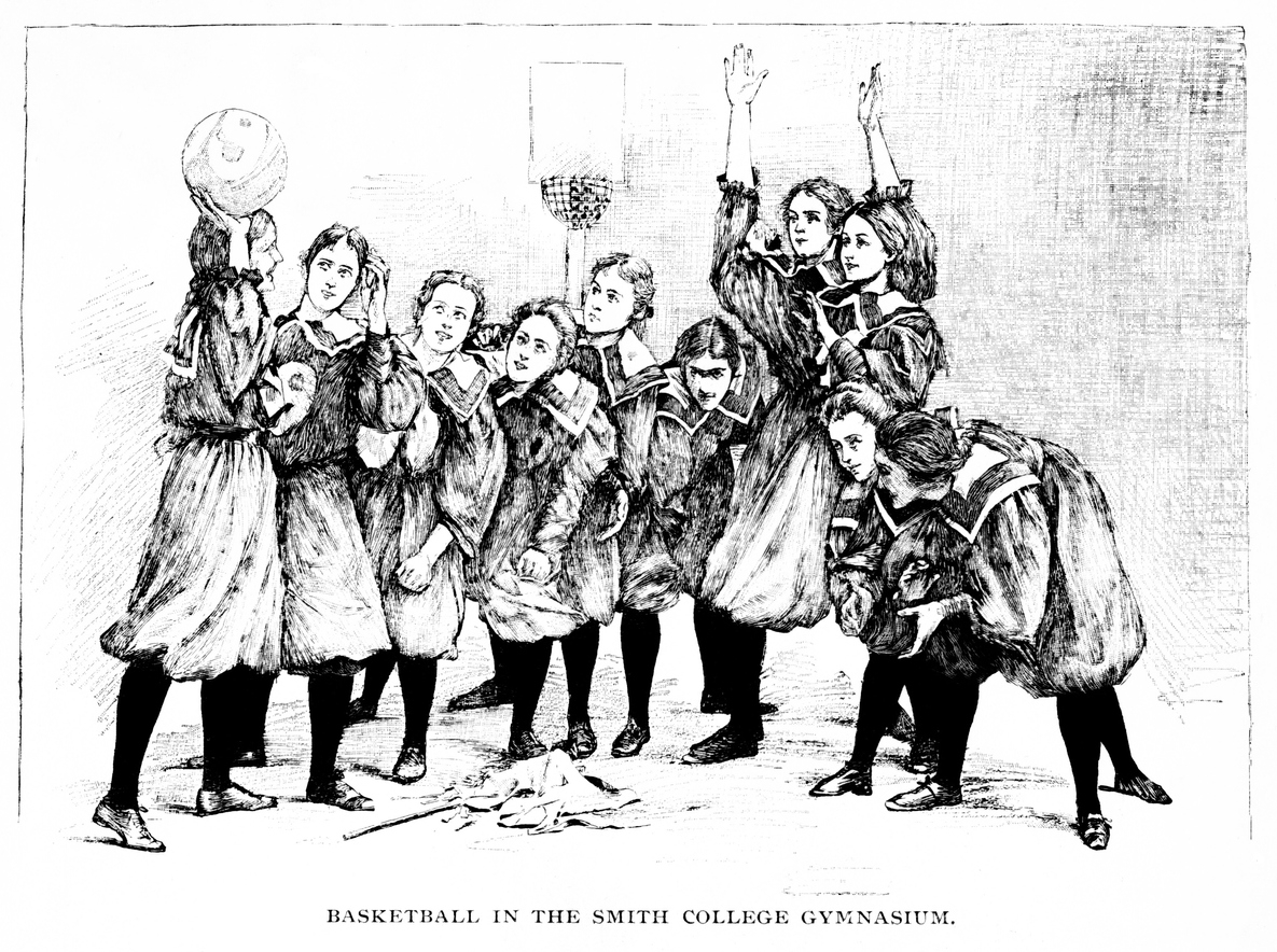 historical sketch of women playing basketball