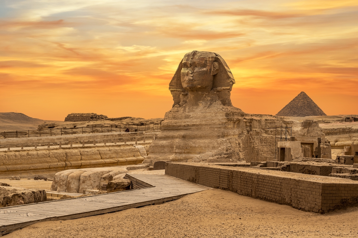 The Sphinx in Giza pyramid complex at sunset