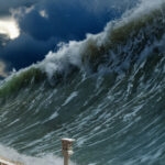giant tsunami against stormy sky