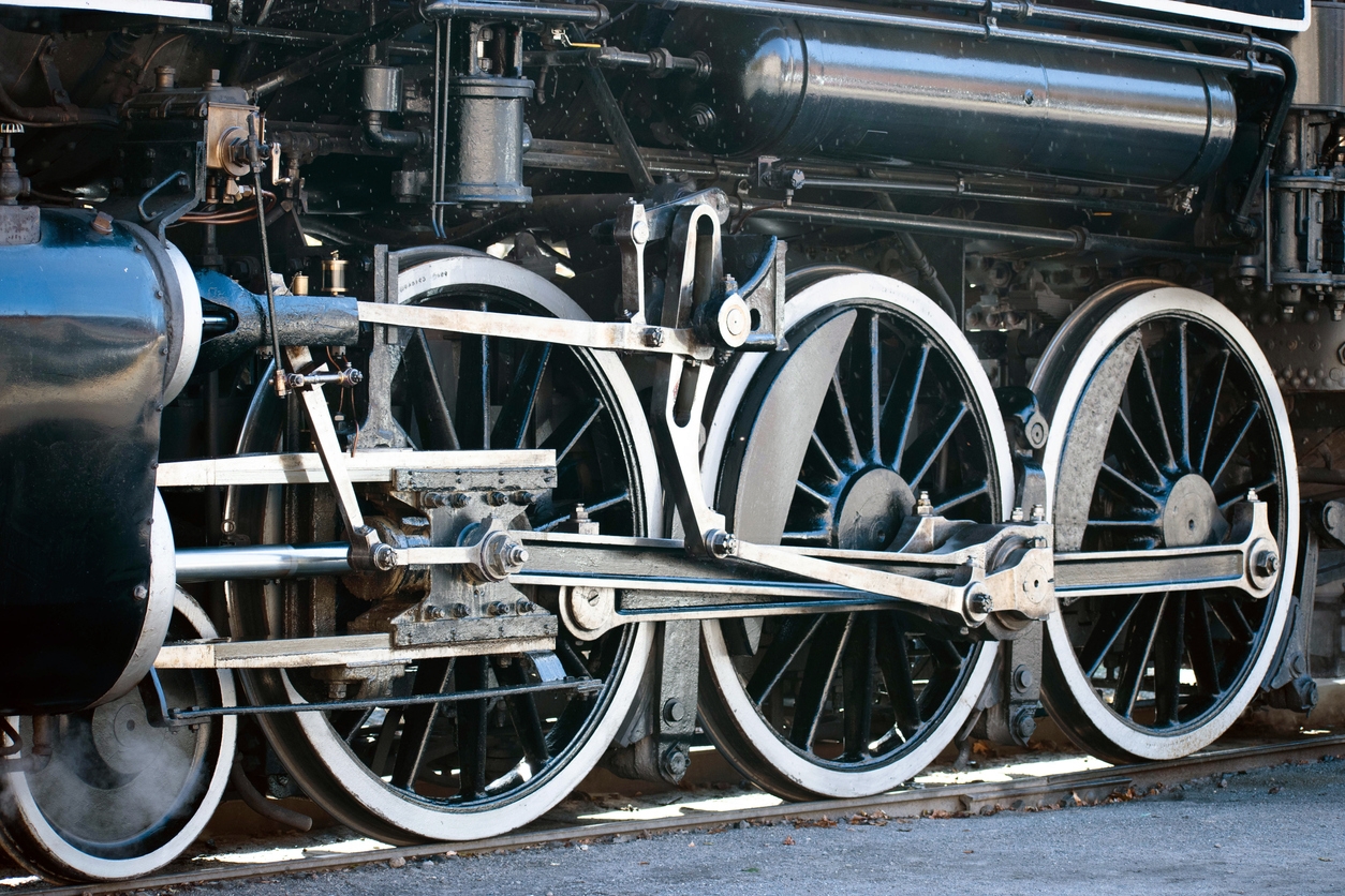 closeup of steam train wheels