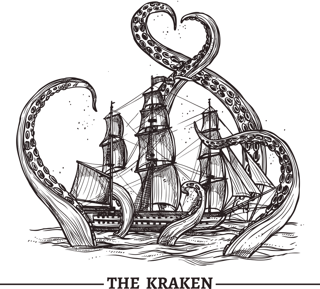 Illustration of a kraken attacking a ship