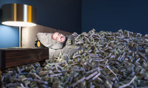 Man sleeping in a bed covered with money