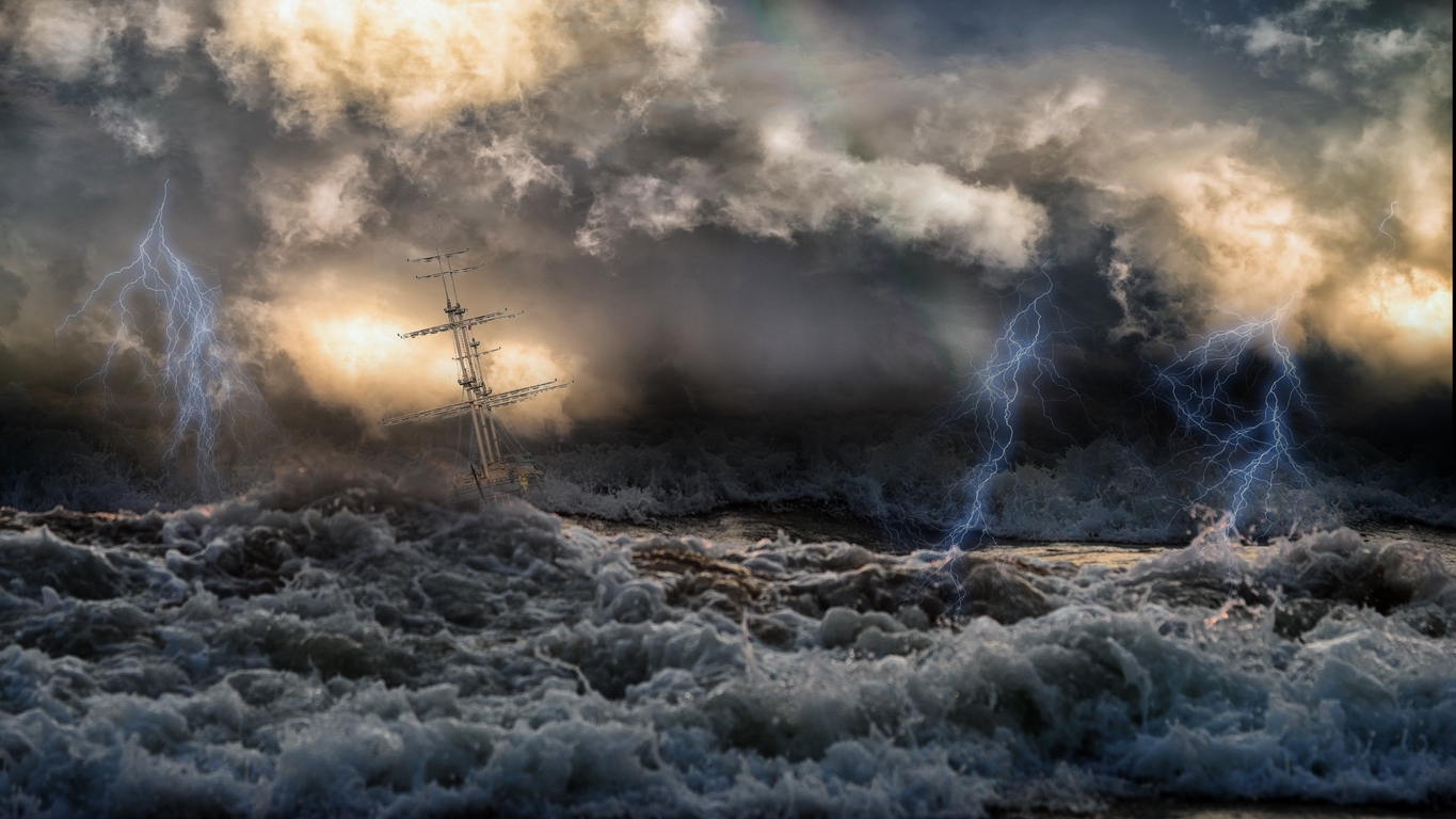 Ship navigating through a rough storm