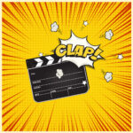 Clapperboard with Clap word speech bubble on vintage manga style background